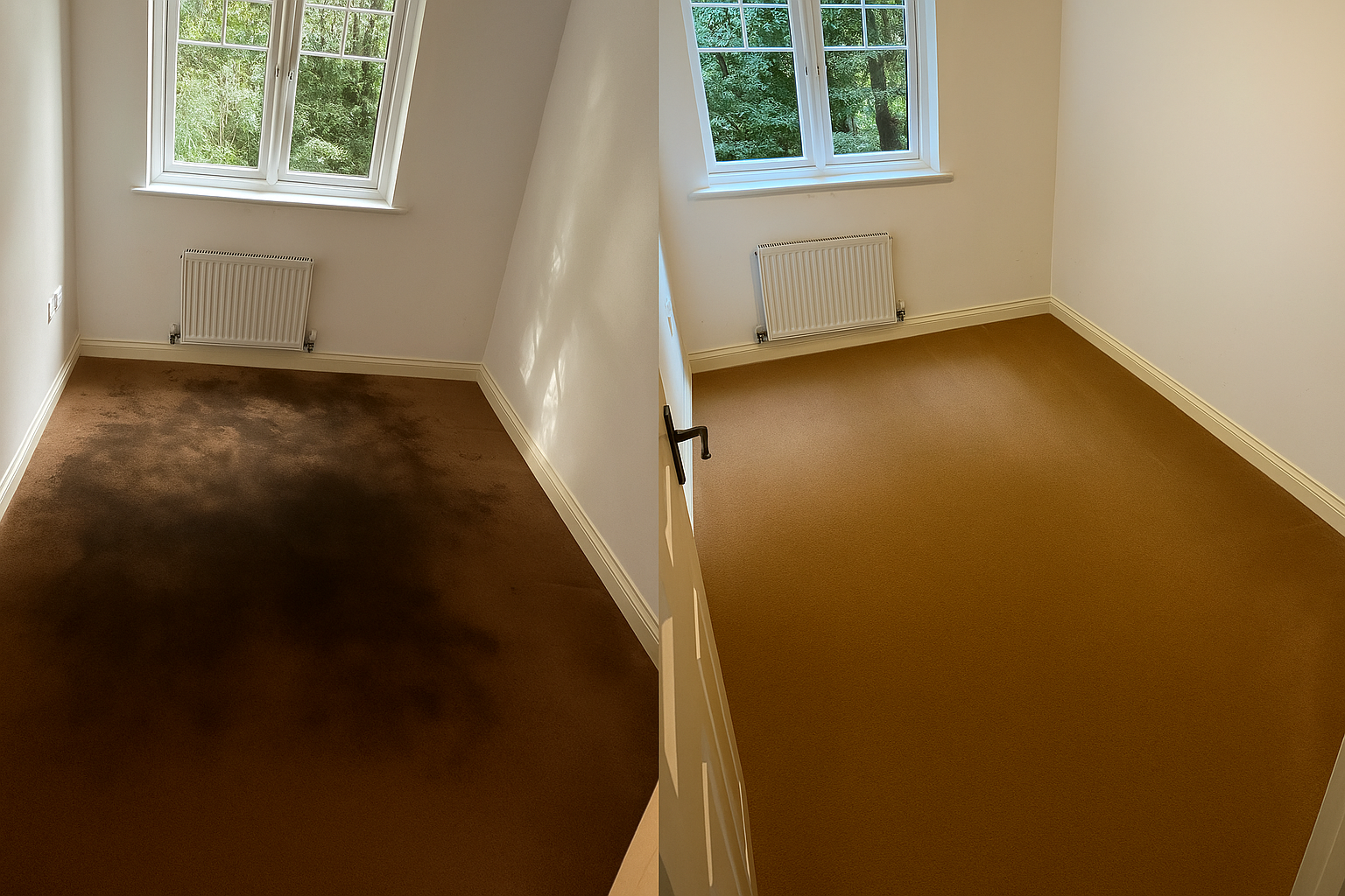 Before and after professional carpet cleaning in a bedroom