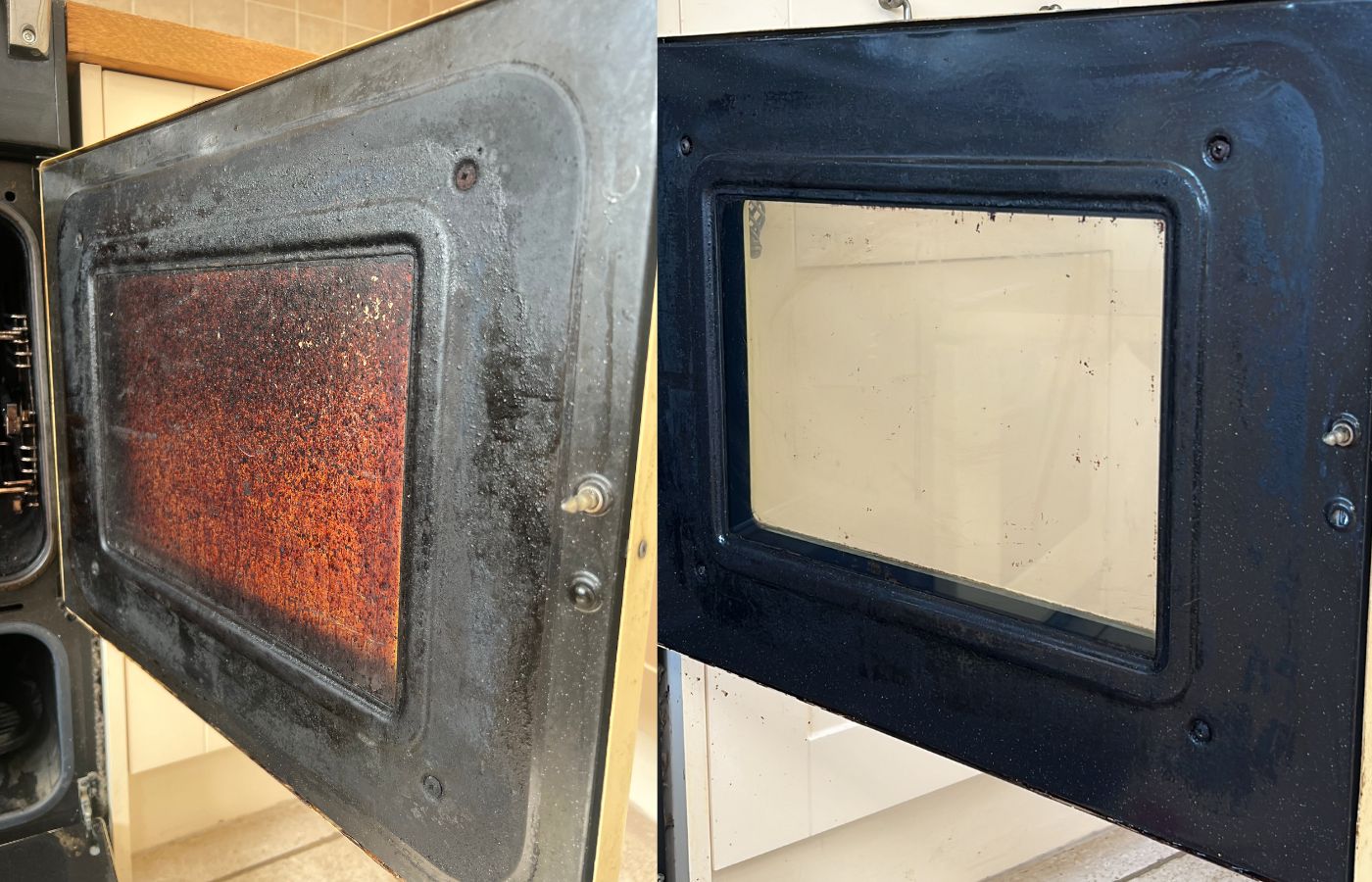 Before and after professional oven door deep cleaning in London