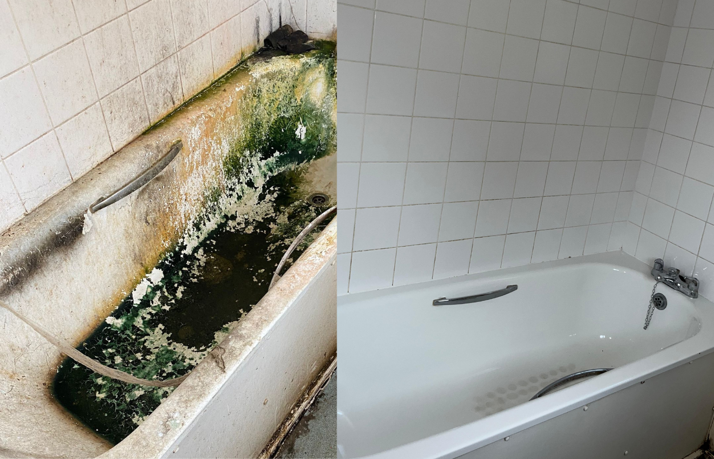 Before and after deep cleaning of bathtub with mould and dirt removed