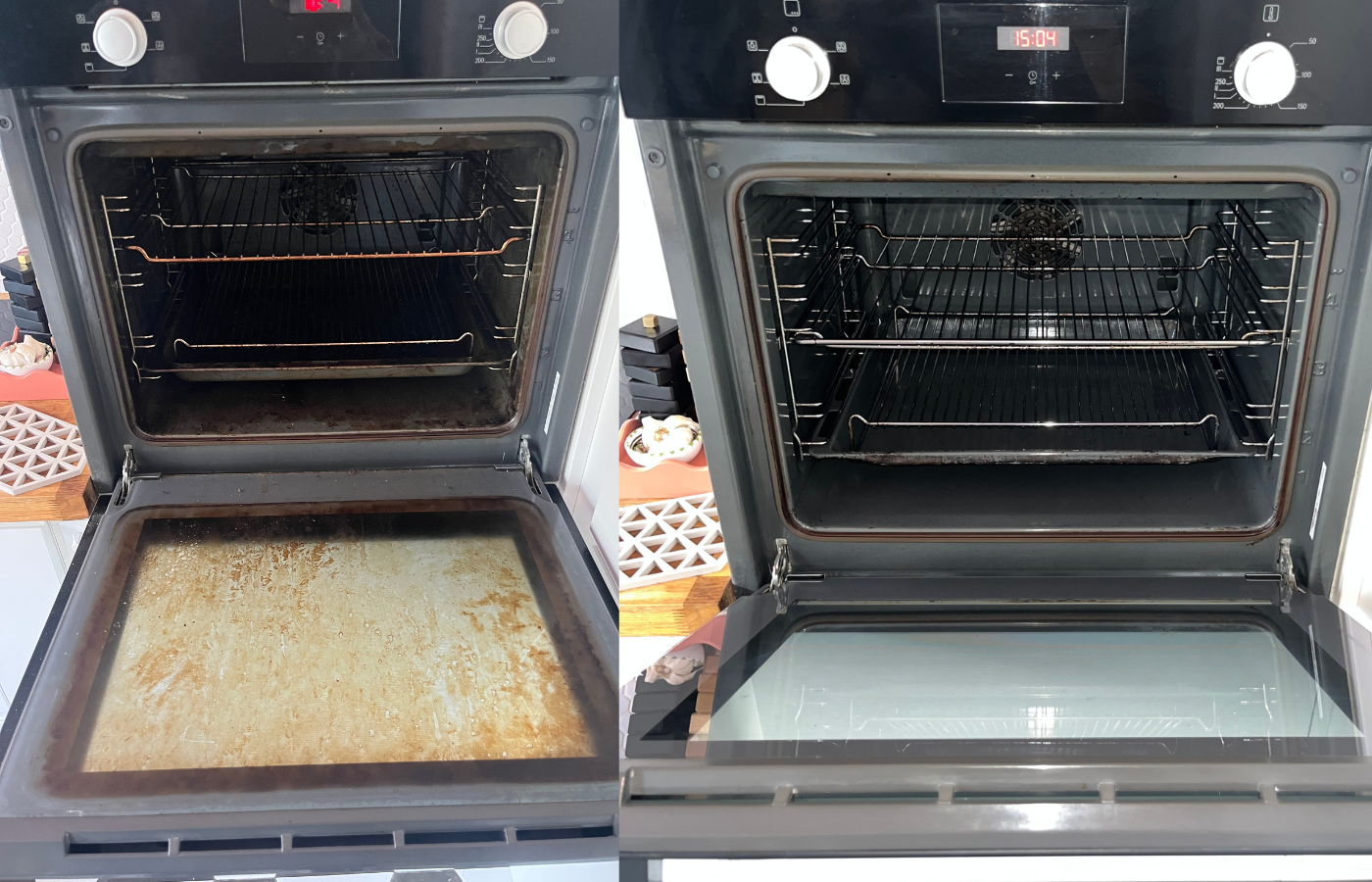 Before and after oven deep cleaning showing carbon and grease removed by Heavy Clean London