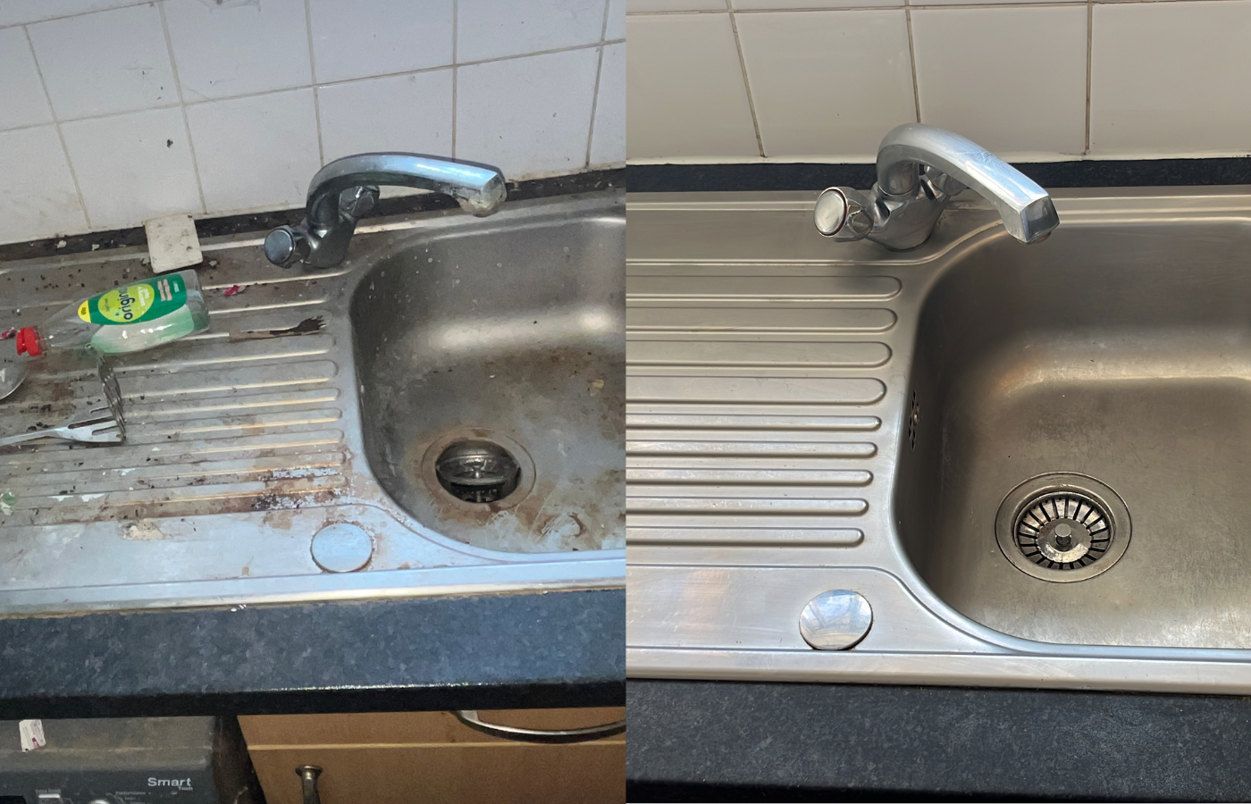 Before and after cleaning of stainless steel sink with grease and grime removed